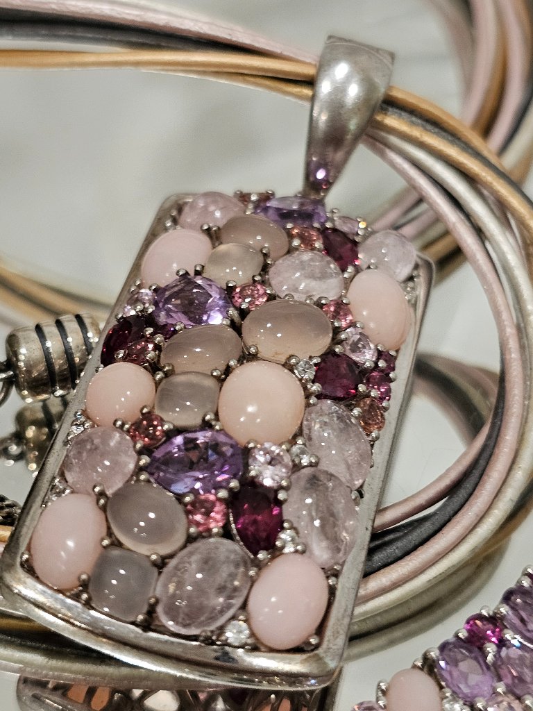 Sterling Silver 925 Multi Gems Pendant/Enhancer With Multistrand Cord . 18"
